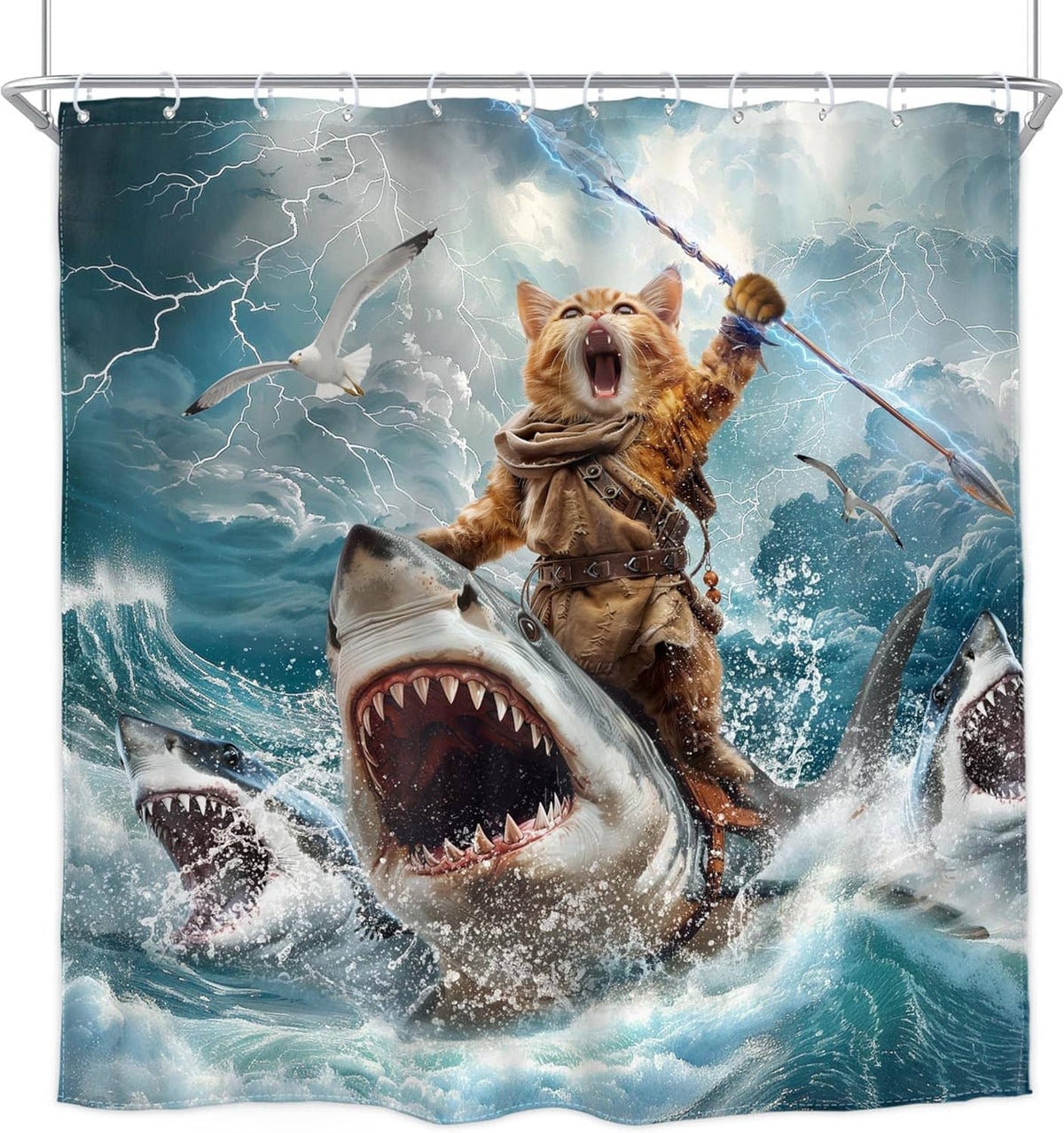 Ocean cat-and-shark shower curtain with large open shark face, surfing cat, wave scene