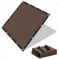 Mocha-brown sun shade cloth canopy with corner grommets, flat view and folded bundle