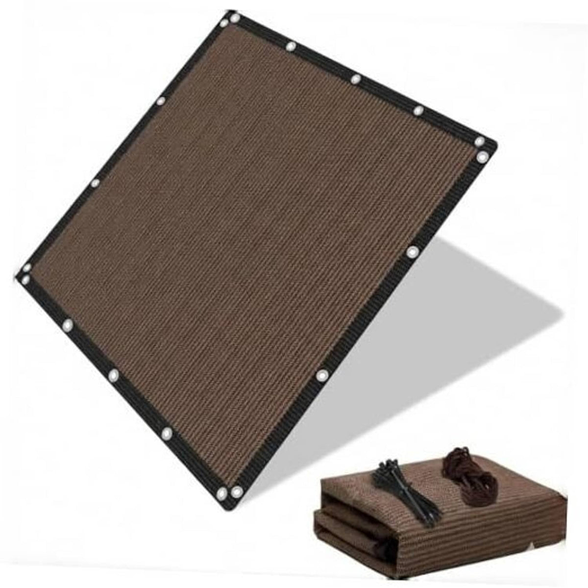 Mocha-brown sun shade cloth canopy with corner grommets, flat view and folded bundle