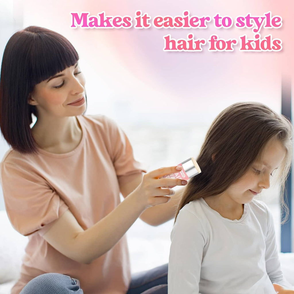 Hair wax stick application to a child’s hair by a parent for easier styling