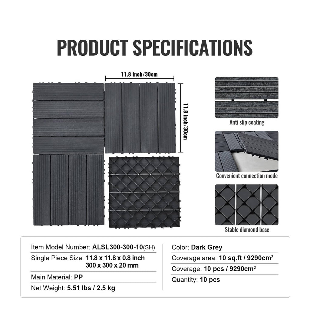 Dark grey interlocking deck tile set with anti-slip coating and groove pattern view
