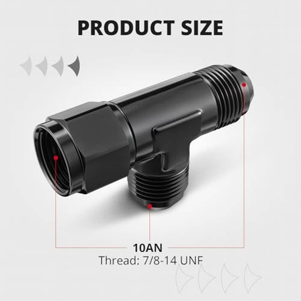 Black aluminum AN tee fitting with 10AN flare outlet and threaded side connection