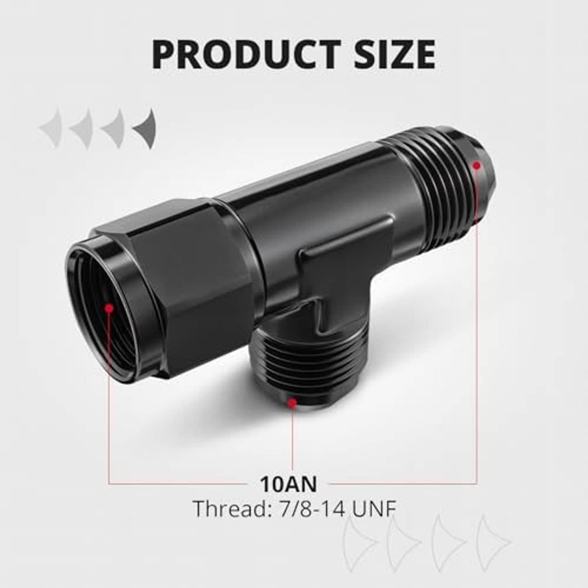 Black aluminum AN tee fitting with 10AN flare outlet and threaded side connection