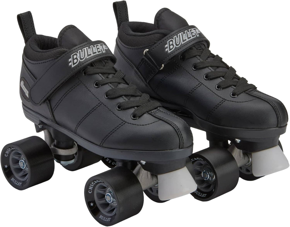 Bullet black lace-up quad roller skates with blue wheels and protective guards