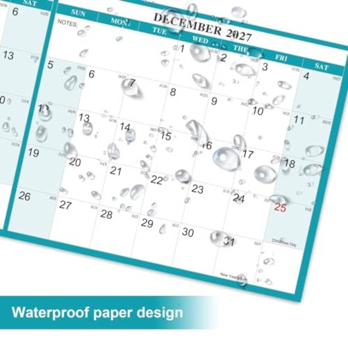 Close-up teal month calendar page design for December 2027 with waterproof paper look