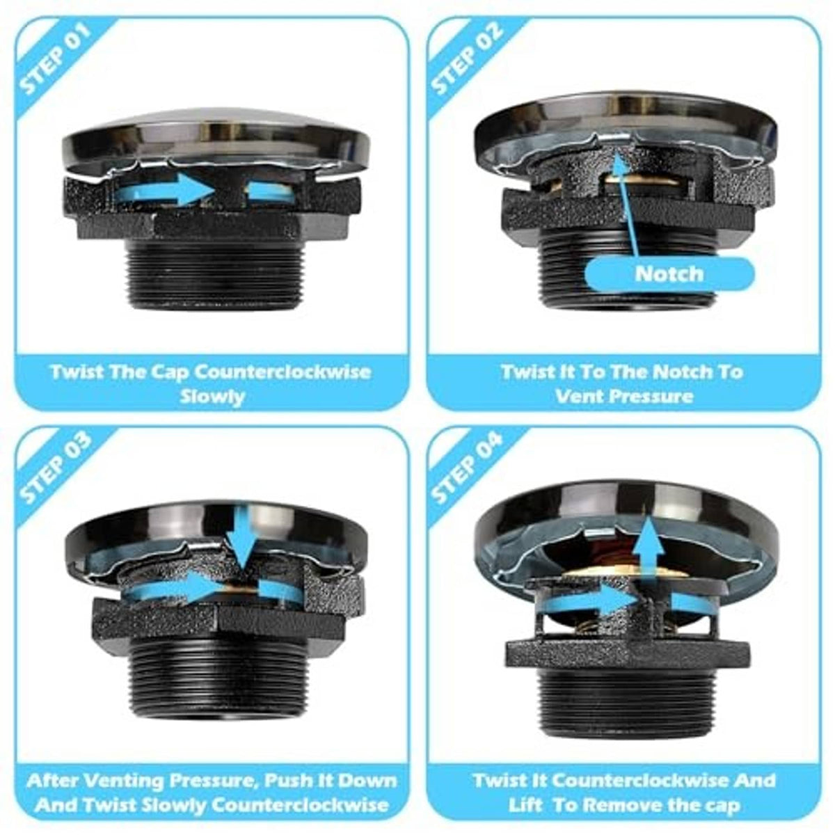 Vented fuel transfer cap steps showing twist direction and vent pressure notch