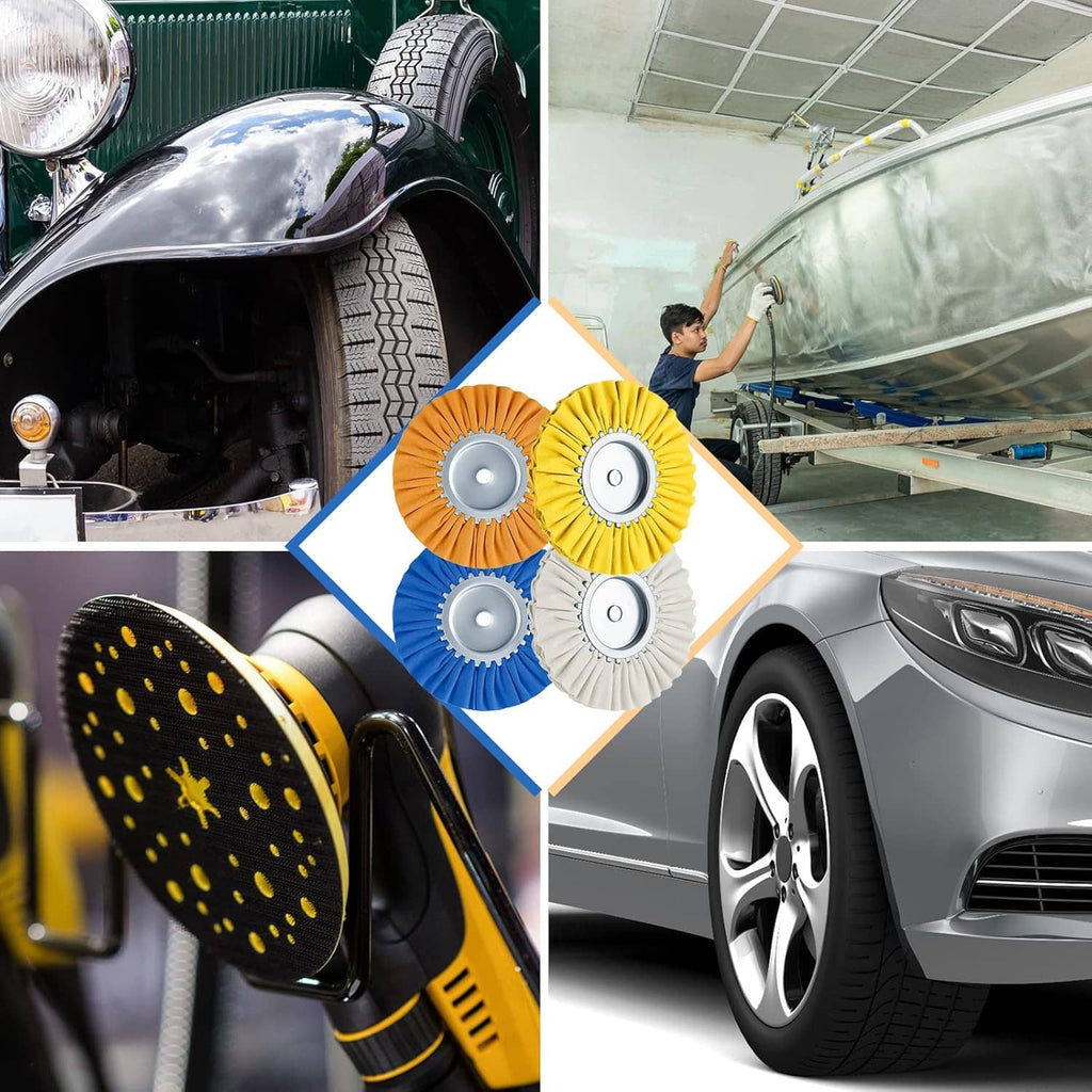 Buffing wheels with center hubs and a car polishing application in a workshop