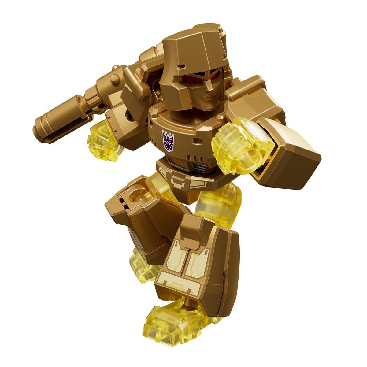 Gold Transformers defender robot figure with translucent parts, posed