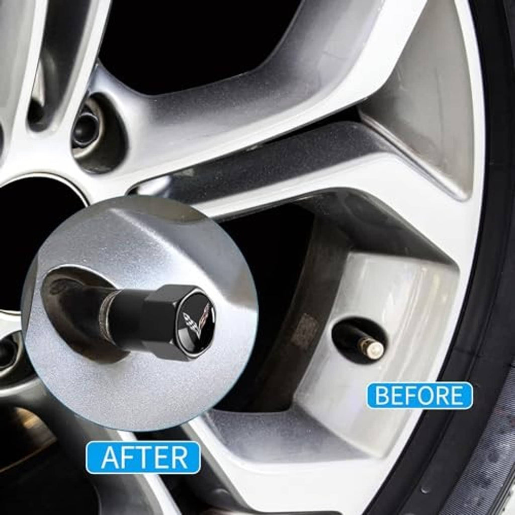 Black valve stem cap installed on a wheel rim, Corvette logo on top.