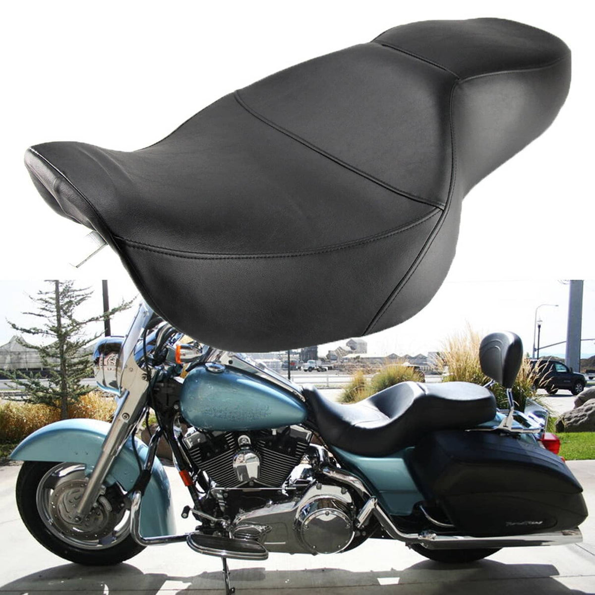 Black motorcycle two-up seat with contoured center seam and rounded rider section