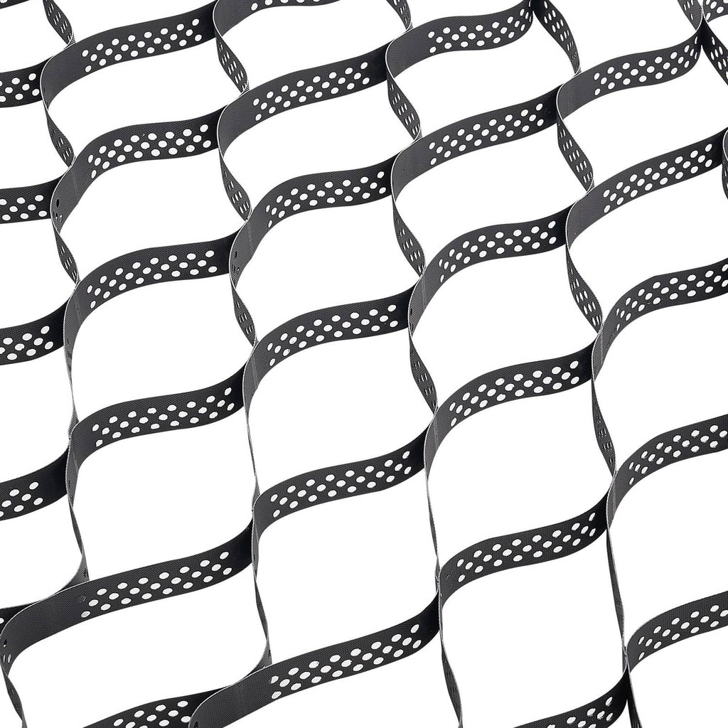 Black geocell ground grid with circular dot pattern, interlocking cells for gravel stabilization