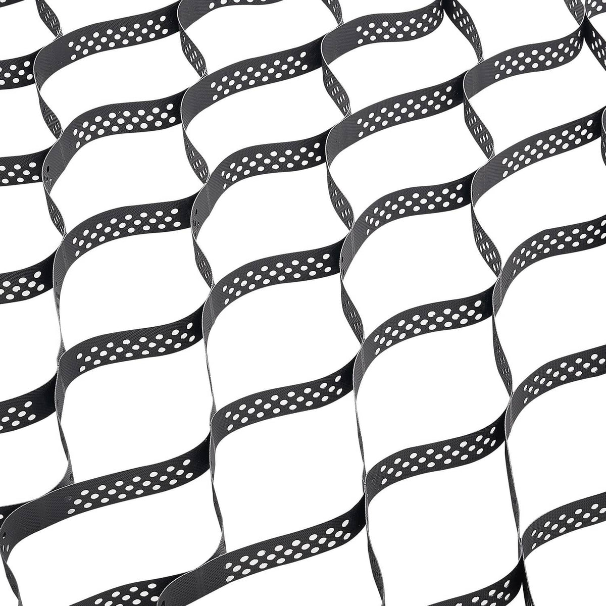 Black geocell ground grid with circular dot pattern, interlocking cells for gravel stabilization