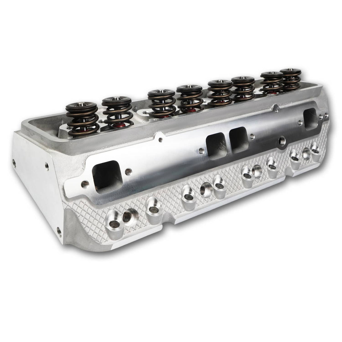 Aluminum cylinder head with valve springs on top and side port windows, silver