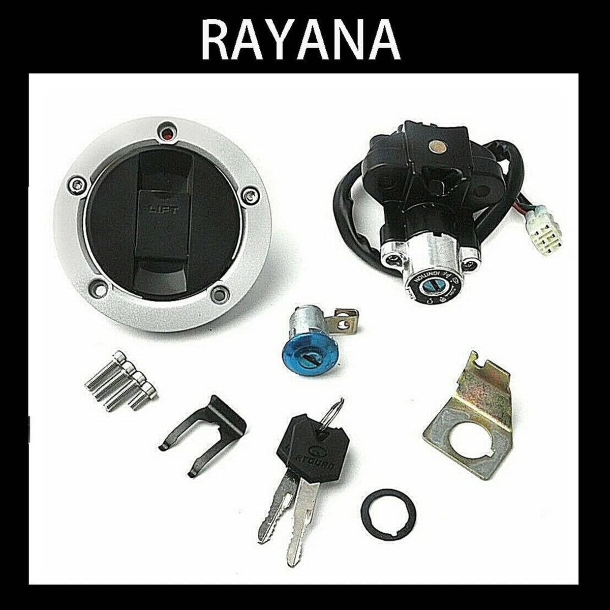 Ignition switch lock cylinder kit with keys, wiring plug, and mounting hardware