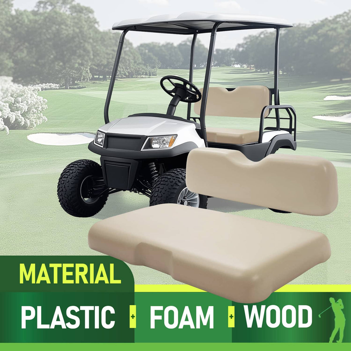 Stone front seat cushion and backrest installed on golf cart bench
