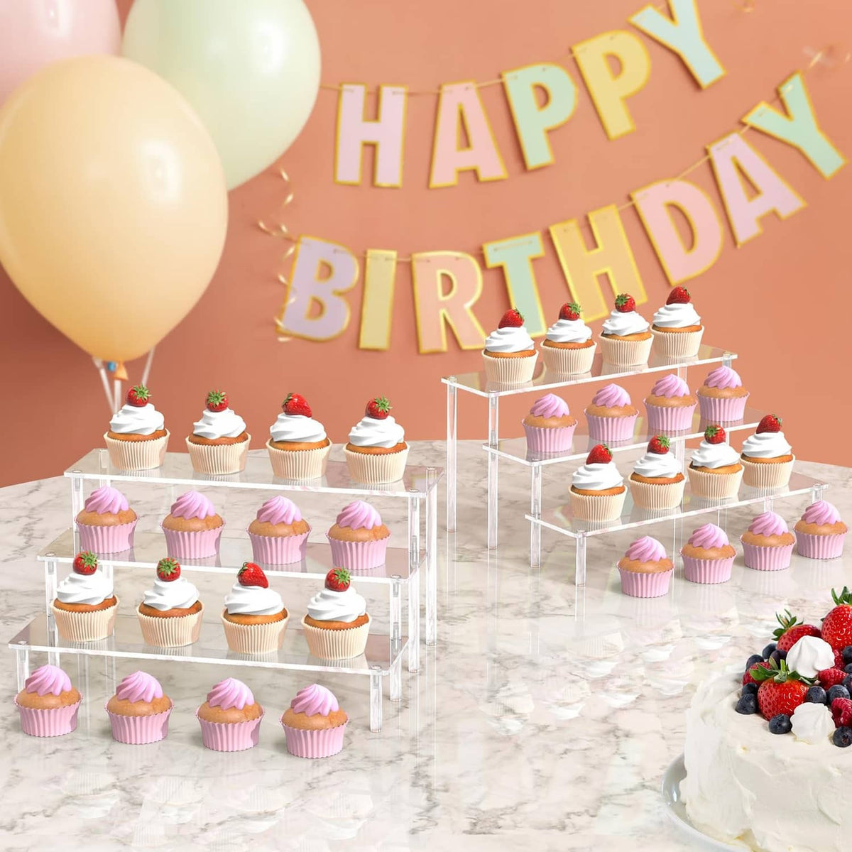Clear acrylic 3-tier stand for cupcakes and party desserts with three open shelves