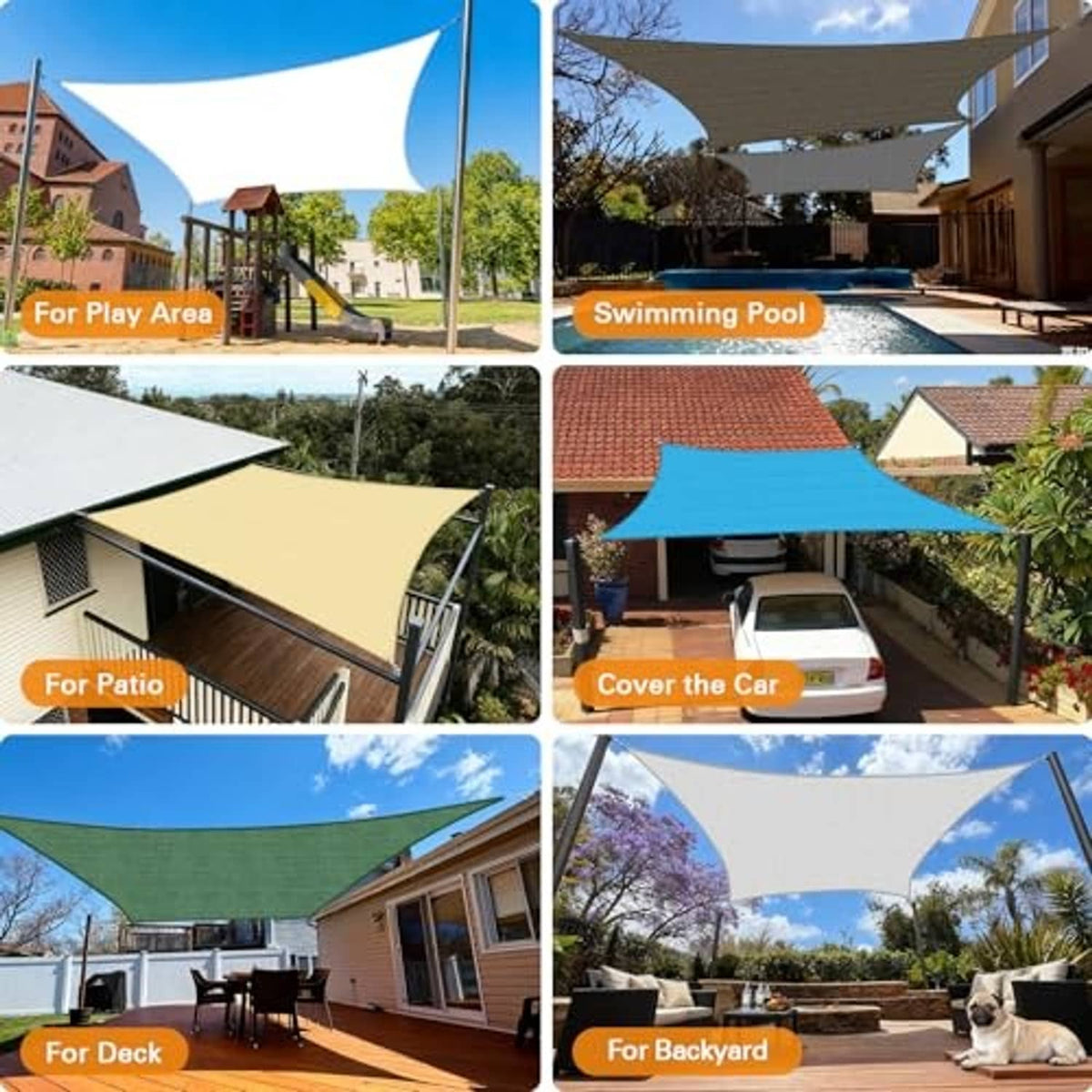 Sand beige sun shade sail shown in multiple outdoor placements over patios and yards.