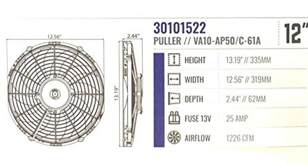 Fan puller specs diagram: model 30101522, 12-inch size, dimensions and airflow ratings