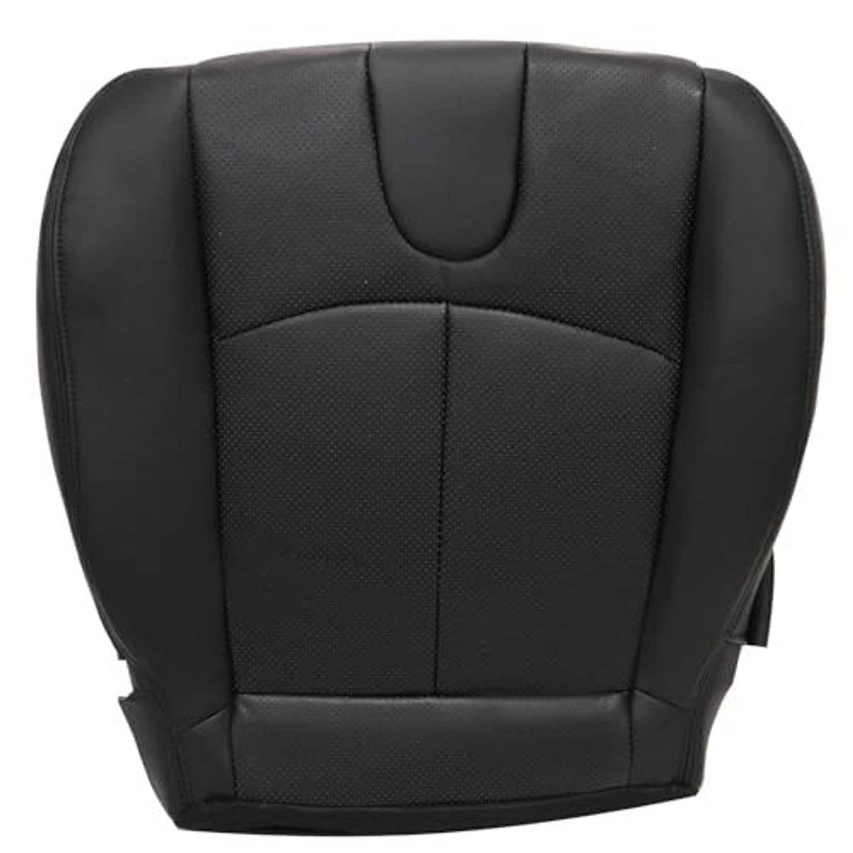 Black perforated leather seat cover with embossed texture and stitched seams