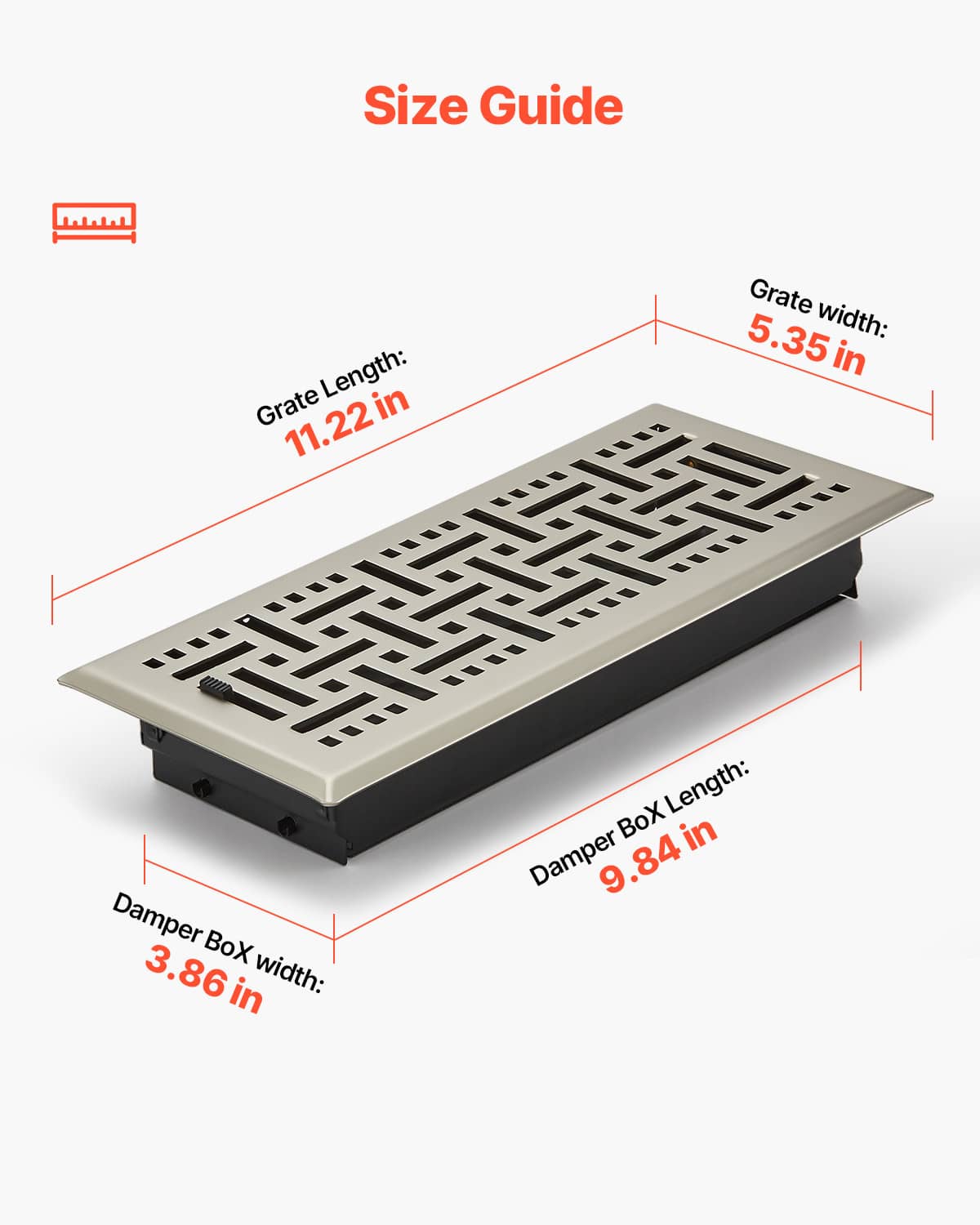 Nickel-plated floor vent grille with damper box, shown with labeled dimensions