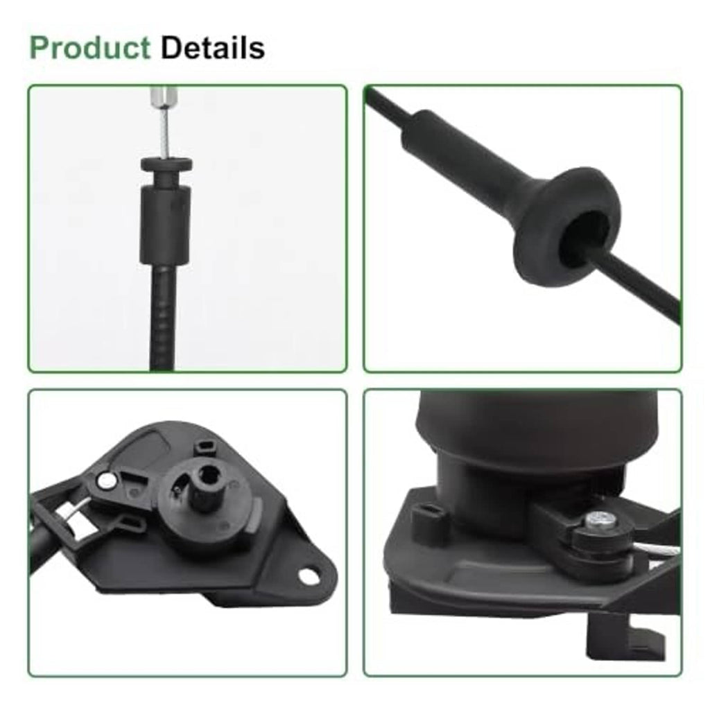 Black hood release cable pull handle assembly, close-up of latch bracket and cable end