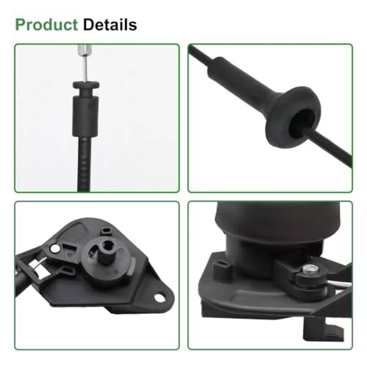 Black hood release cable pull handle assembly, close-up of latch bracket and cable end