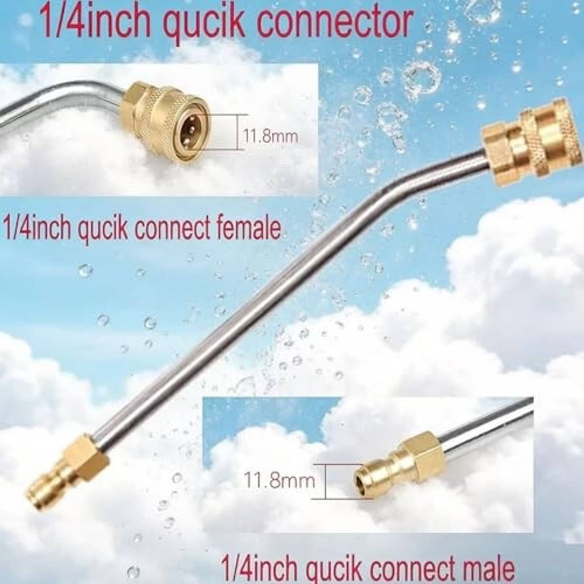Brass quick-connect coupler on stainless extension tube for pressure washer gutter cleaning