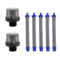 Airless spray gun filter kit with metal mesh screens, black threaded caps, and blue-end cartridges