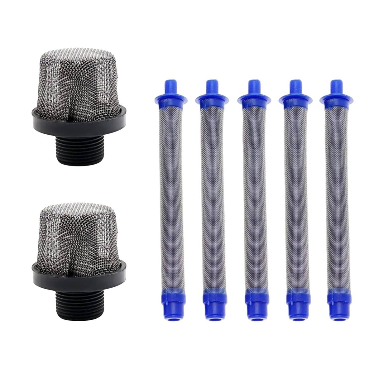 Airless spray gun filter kit with metal mesh screens, black threaded caps, and blue-end cartridges
