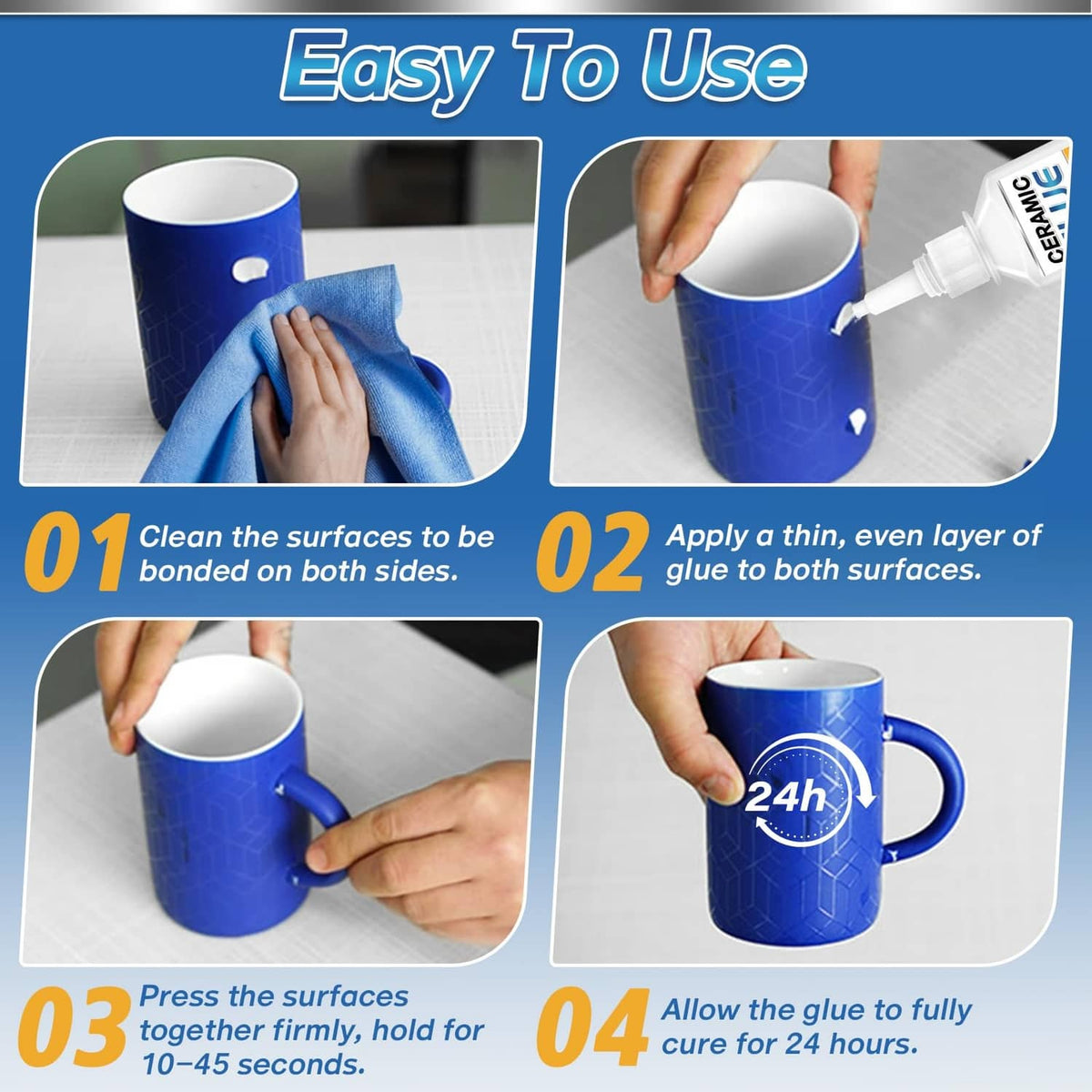 Ceramic glue repair steps showing thin application to ceramic cups and 24-hour curing