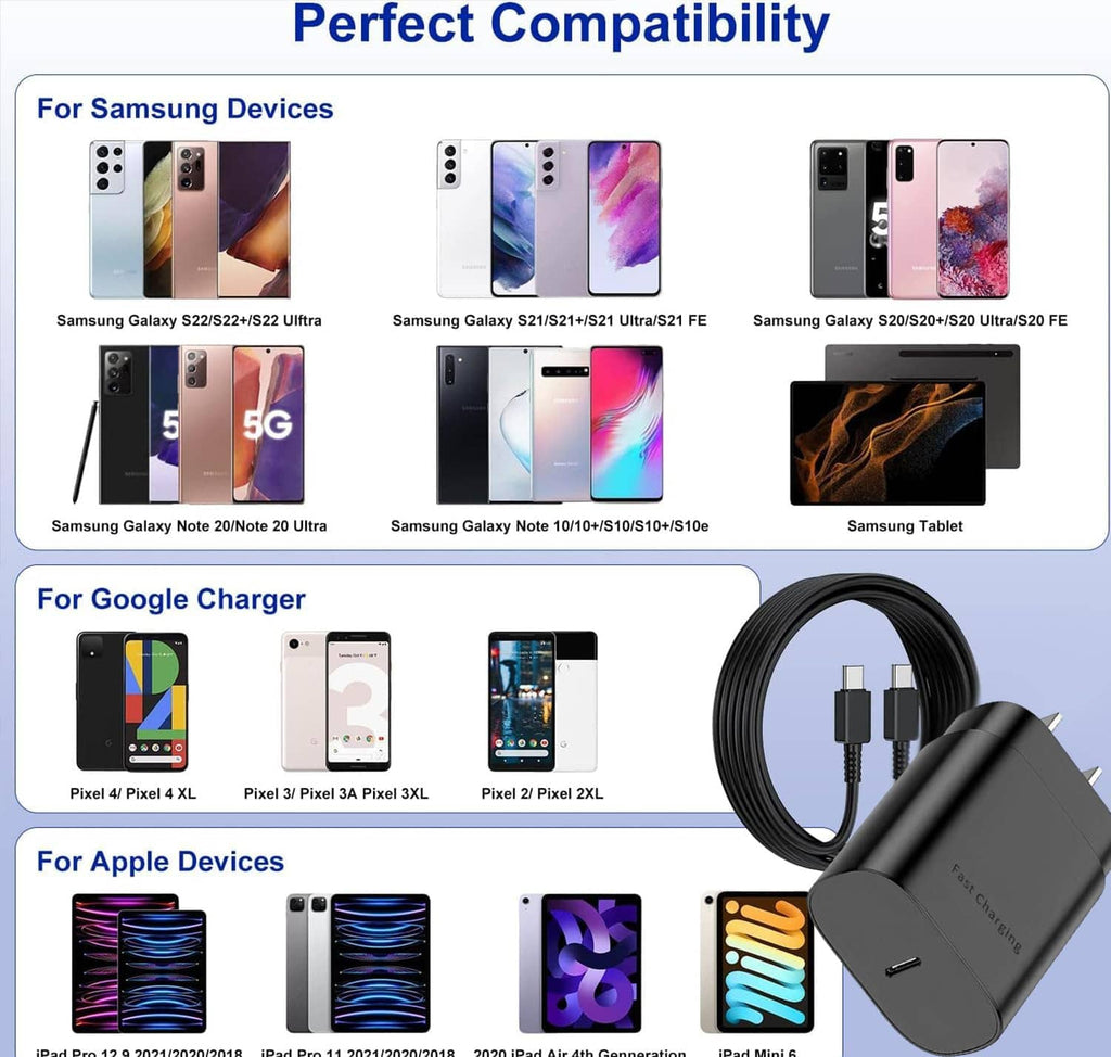 USB-C charging cable with black wall charger for multiple device types
