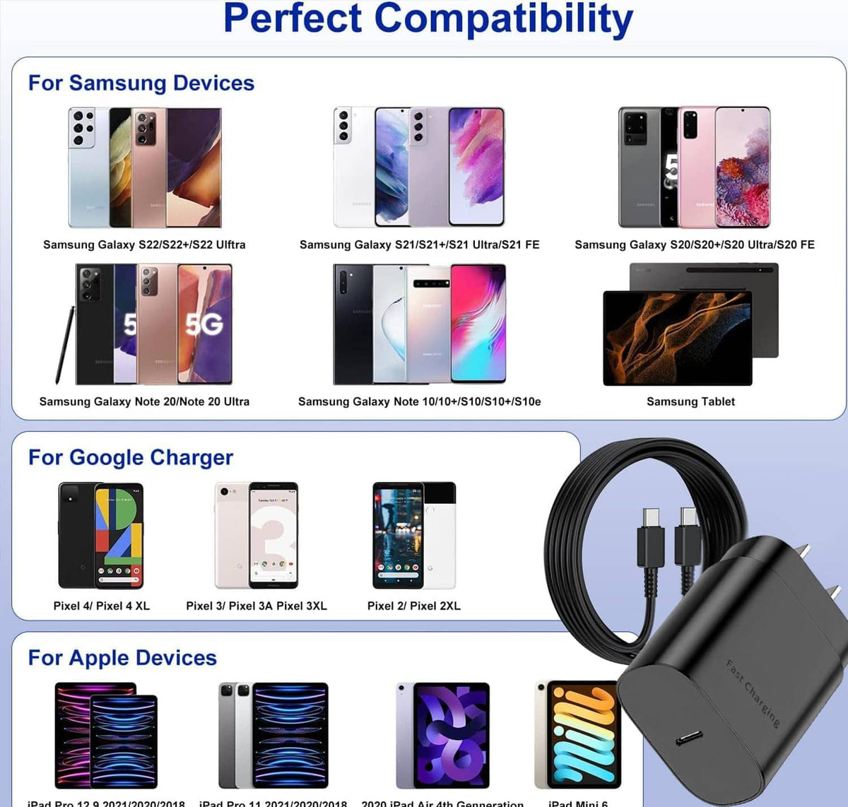 USB-C charging cable with black wall charger for multiple device types