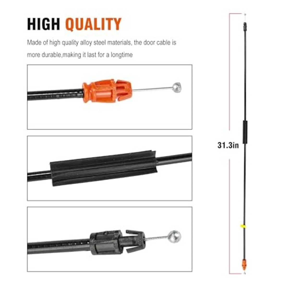Inside door latch release cable with orange connector, black housing, 31.3 in length