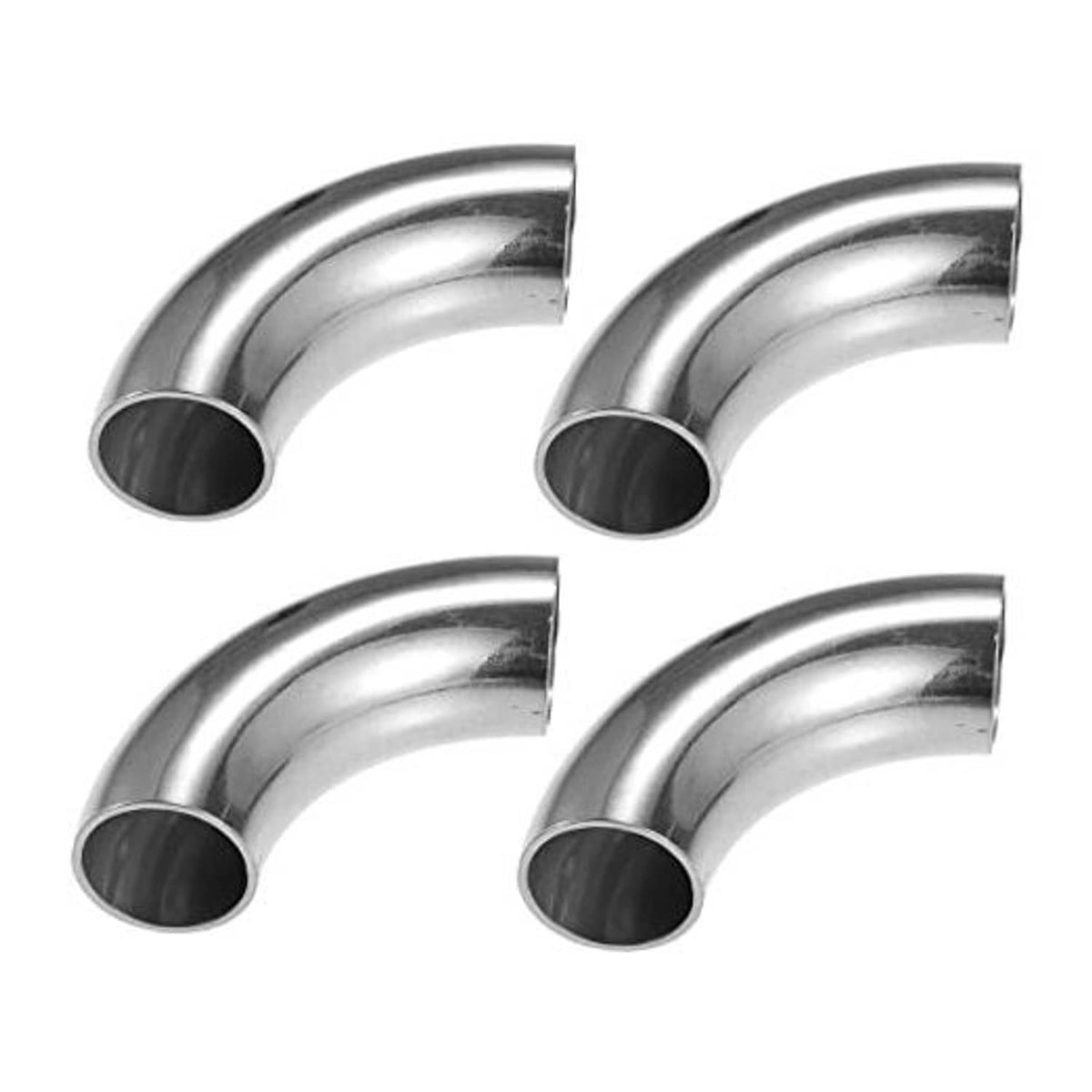 Set of four polished stainless steel 90-degree elbow bend pipes with dark openings