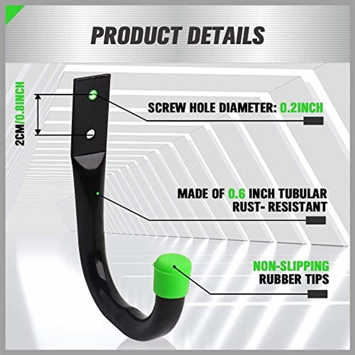Black utility hook with green rubber non-slip tip; mounting plate and screw details