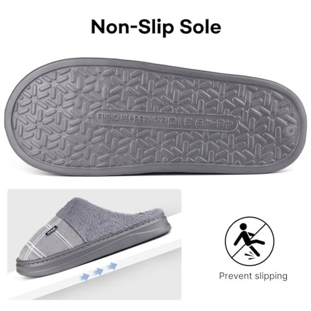 Grey slippers with textured non-slip outsole and wide plaid strap detail