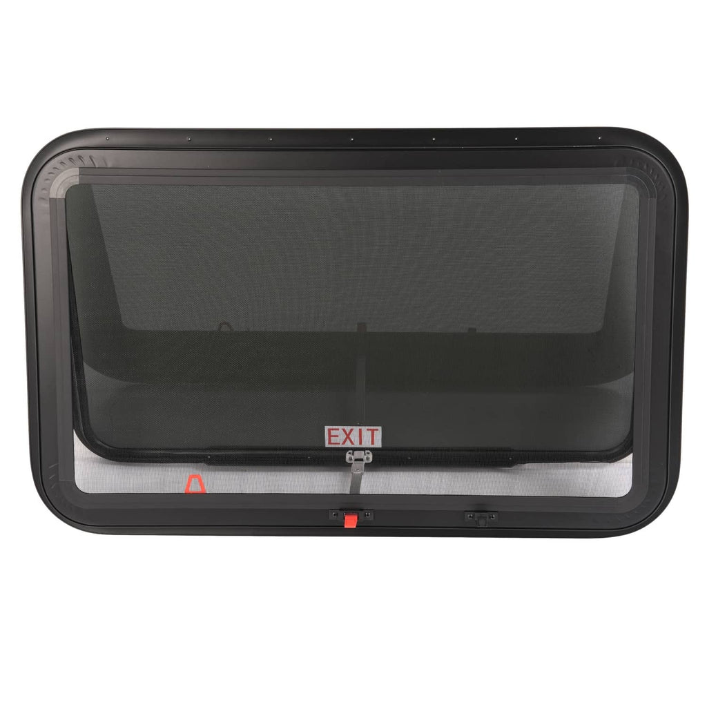 Emergency push-out RV exit window with dark tinted glass and black trim frame, EXIT label