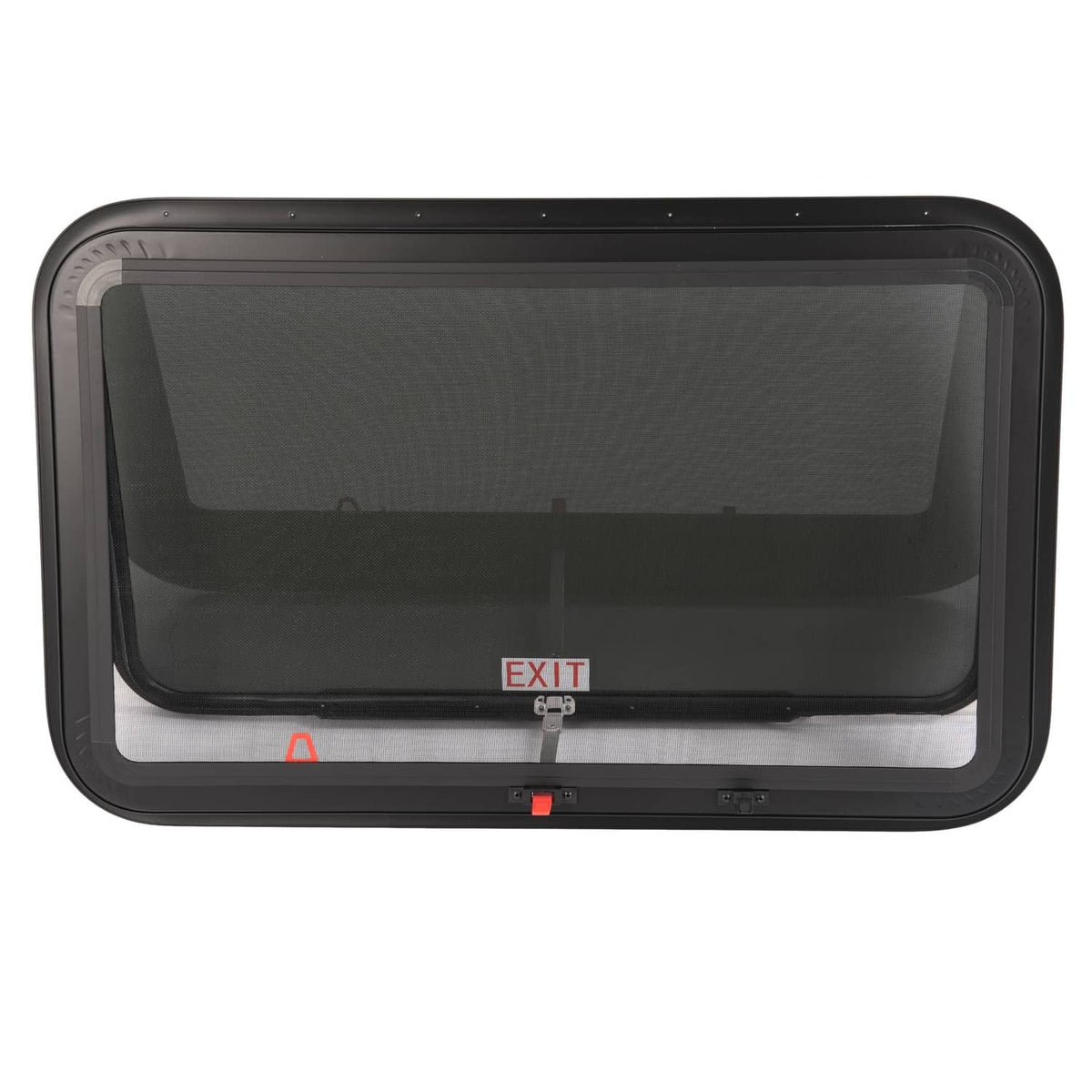 Emergency push-out RV exit window with dark tinted glass and black trim frame, EXIT label