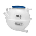 Engine coolant expansion reservoir with blue cap, white plastic tank, side hose outlet