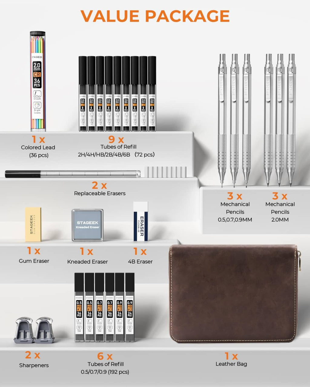 Value set with silver mechanical pencils, refill tubes, erasers, sharpeners, and leather pouch