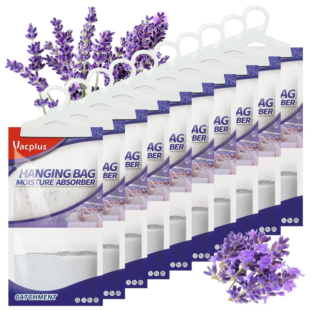 Hanging closet dehumidifier bag pack with white sachets and purple lavender accents