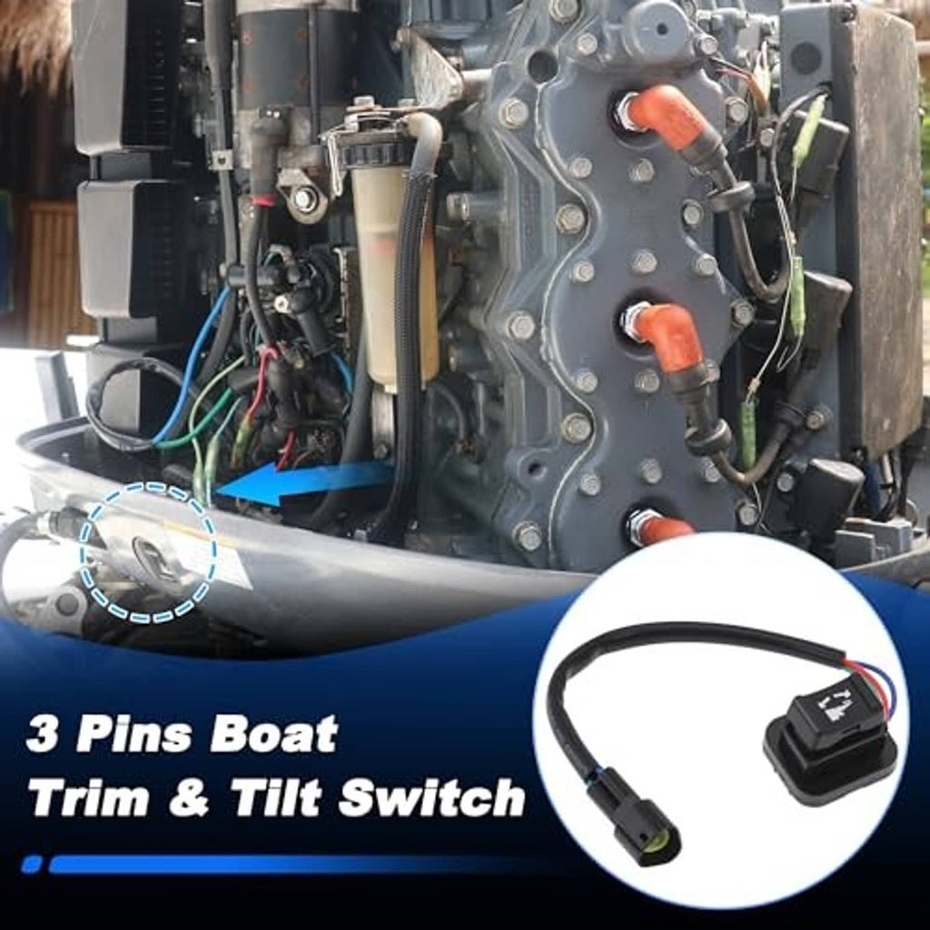 3-pin boat trim & tilt switch with wiring plug, shown near outboard motor