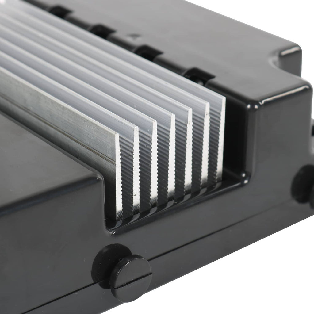 Black controller assembly with ribbed heat sink fins on the housing
