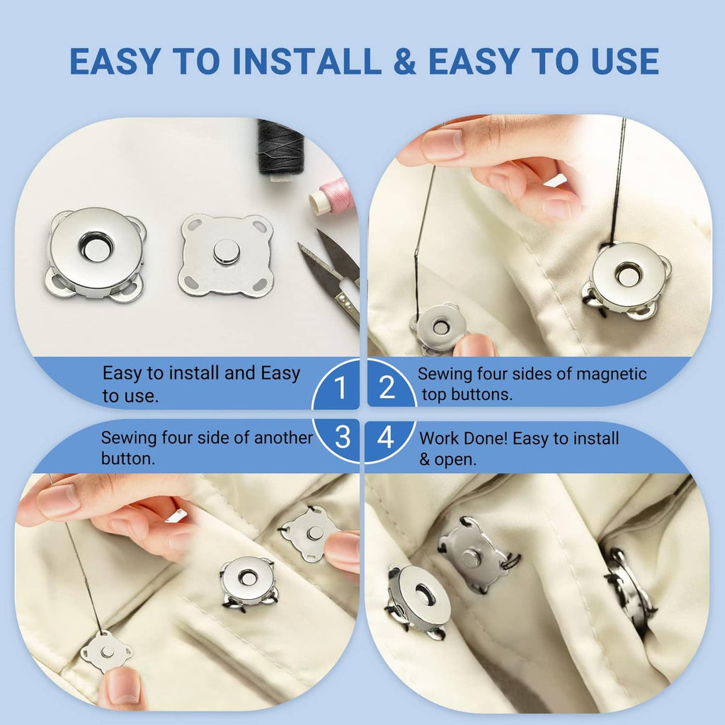 Silver magnetic snap buttons, round center with four-hole sewing plates