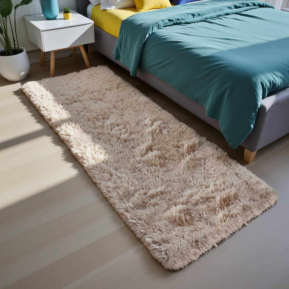 Beige rectangular shag rug with soft high-pile texture on light wood flooring