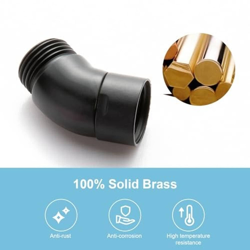Matte black shower elbow adapter with solid brass construction and threaded ends