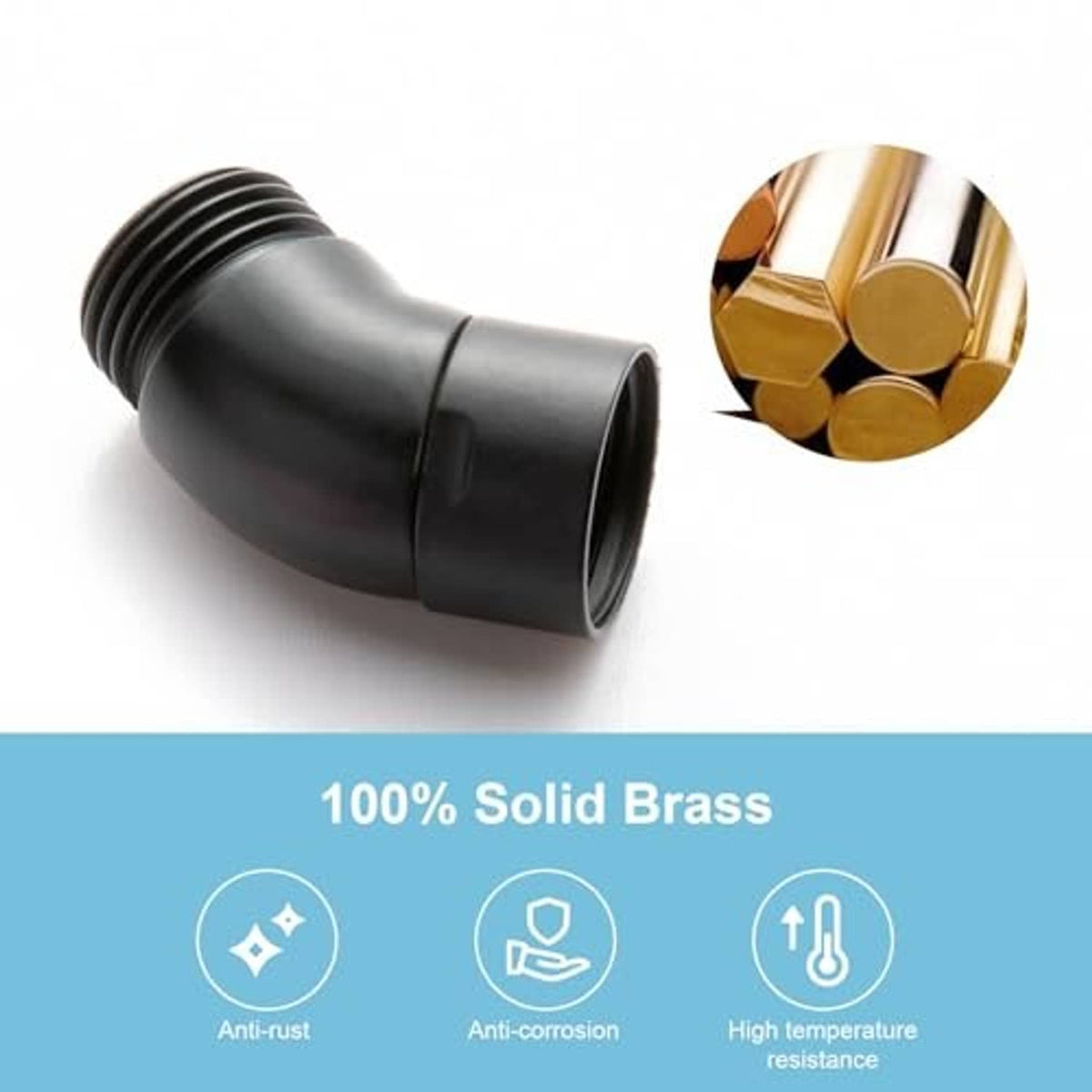 Matte black shower elbow adapter with solid brass construction and threaded ends