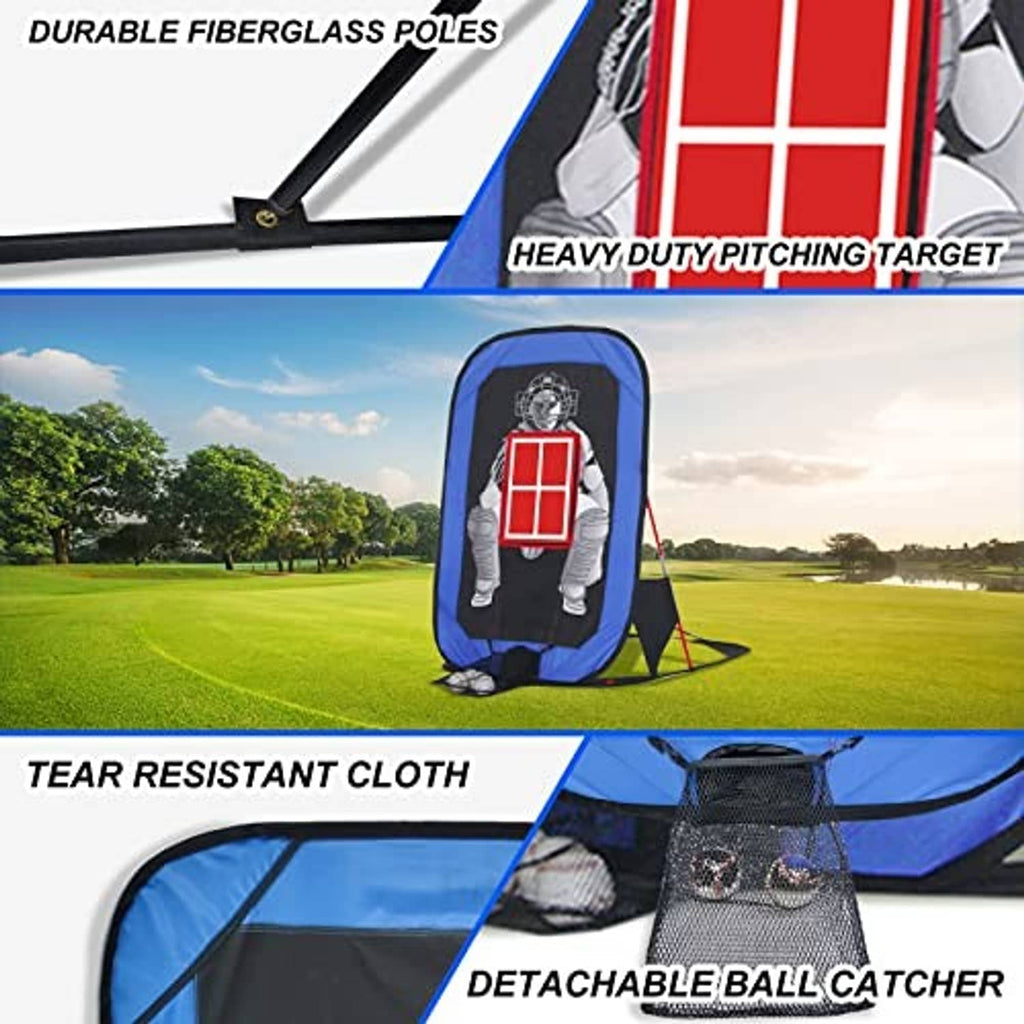 Blue pitching target net with red strike zone, supported by durable fiberglass poles.