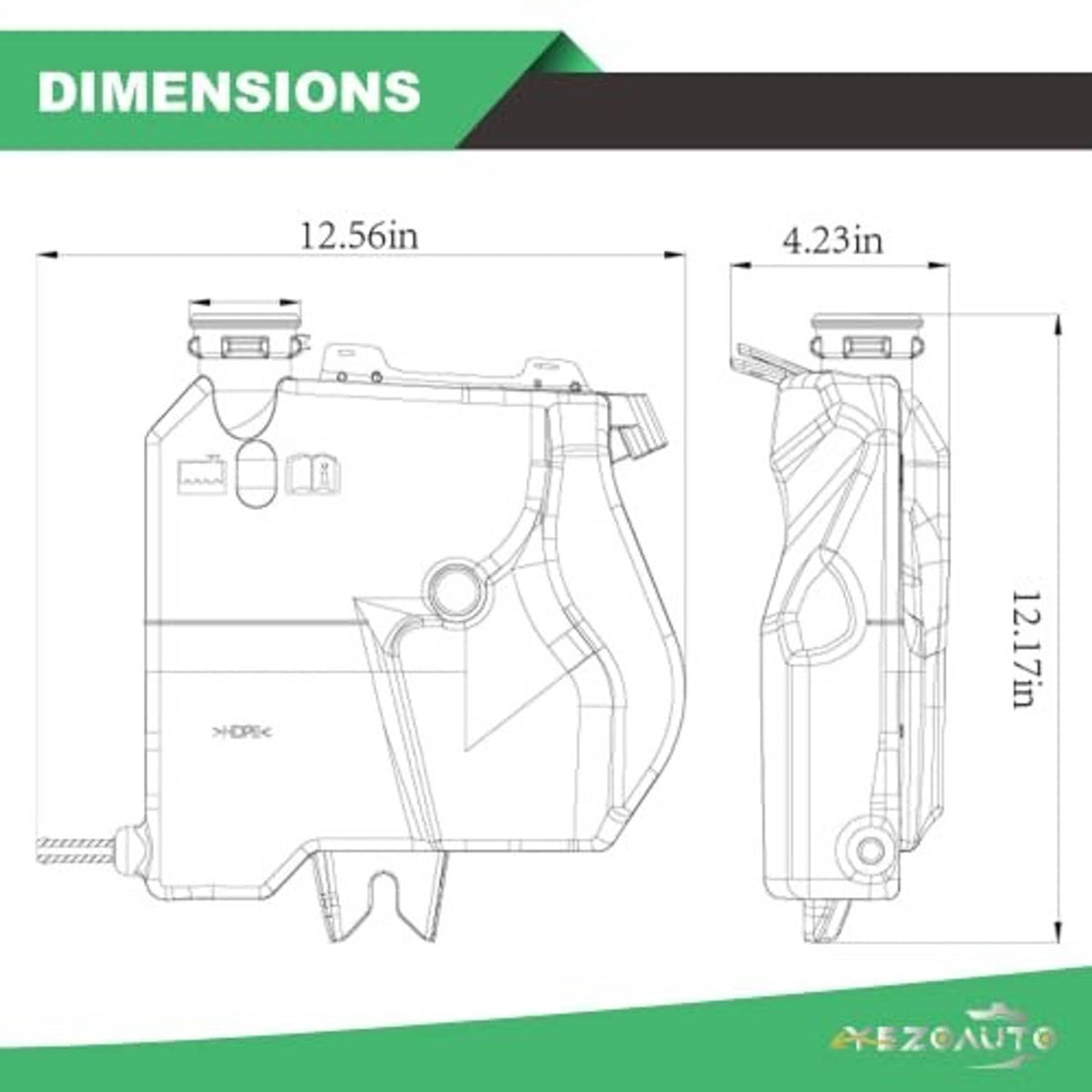 Coolant reservoir dimensions diagram with side and top outline