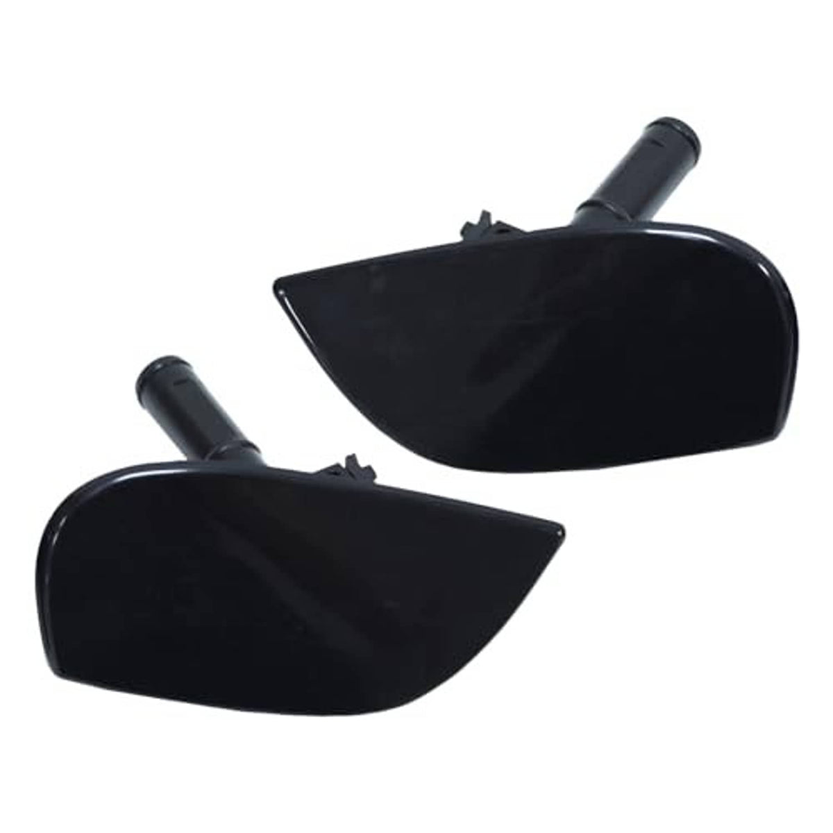 Left and right headlight washer nozzle caps in black, with cylindrical spray nozzles